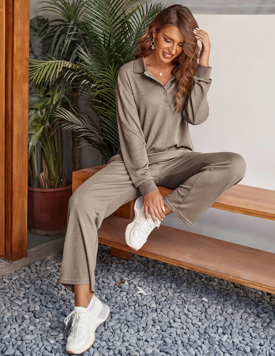 Ekouaer Waffle Knit Pajamas Set for Women 2 Piece Outfits Long Sleeve Button Top and Wide Leg Pant with Pockets Loungewear