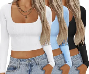 Ekouaer Womens 3 Pack Long Sleeve Crop Tops Square Neck Ribbed Slim Fitted Base Layer Basic Shirt Thermal Undershirts XS-XXL