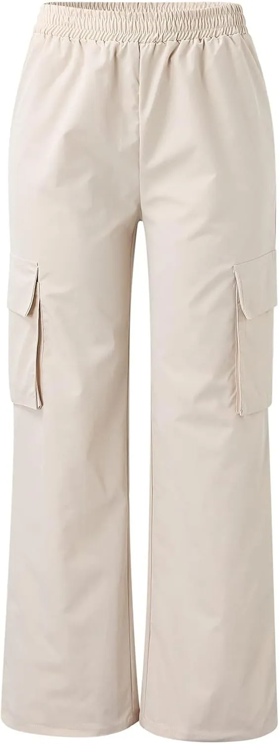 eoeioa Womens High Waist Trendy Y2K Cargo Pants Baggy Summer Straight Pockets Trousers Solid Wide Leg Overalls Long Pants