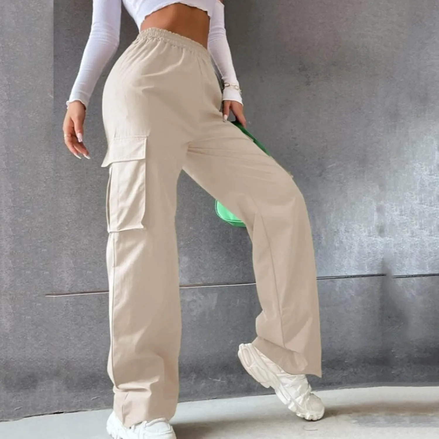 eoeioa Womens High Waist Trendy Y2K Cargo Pants Baggy Summer Straight Pockets Trousers Solid Wide Leg Overalls Long Pants