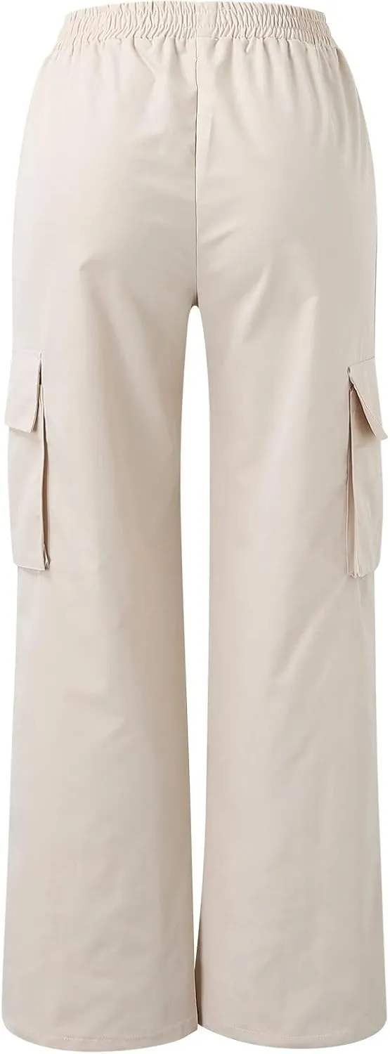 eoeioa Womens High Waist Trendy Y2K Cargo Pants Baggy Summer Straight Pockets Trousers Solid Wide Leg Overalls Long Pants
