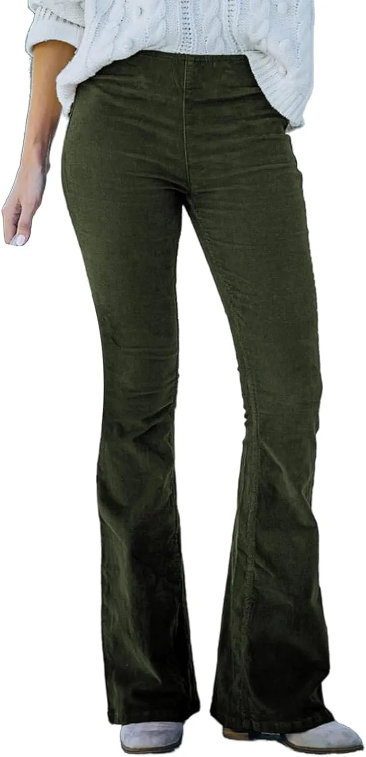 Famnbro Women's Corduroy Pants High Waist Skinny Flare Leg Long Pants Trousers with Pockets