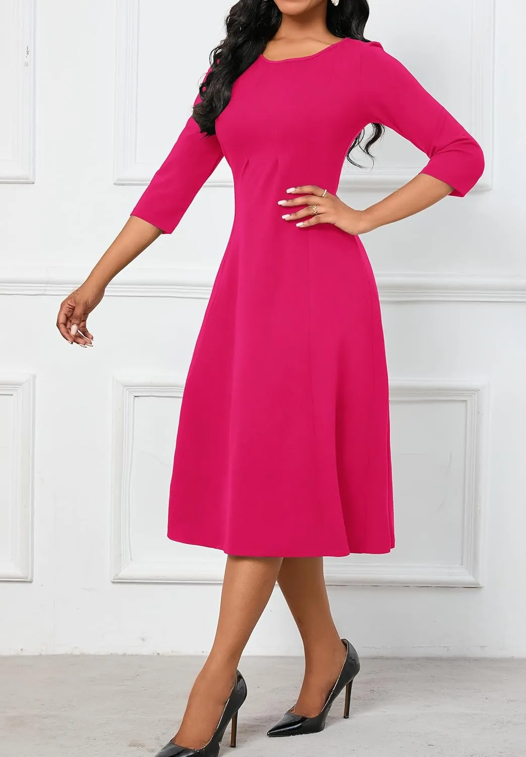 FANDEE Women's 3/4 Sleeve Midi Dress 2024 - Casual High Waist A-Line with Round Neck