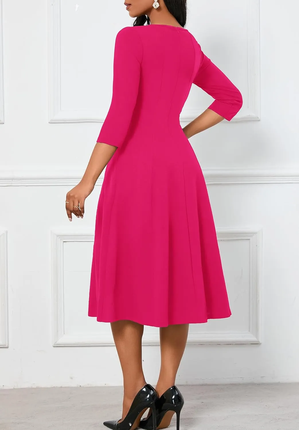 FANDEE Women's 3/4 Sleeve Midi Dress 2024 - Casual High Waist A-Line with Round Neck