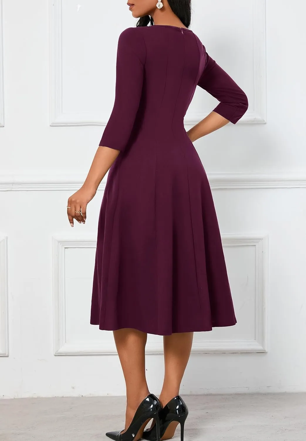 FANDEE Women's 3/4 Sleeve Midi Dress 2024 - Casual High Waist A-Line with Round Neck