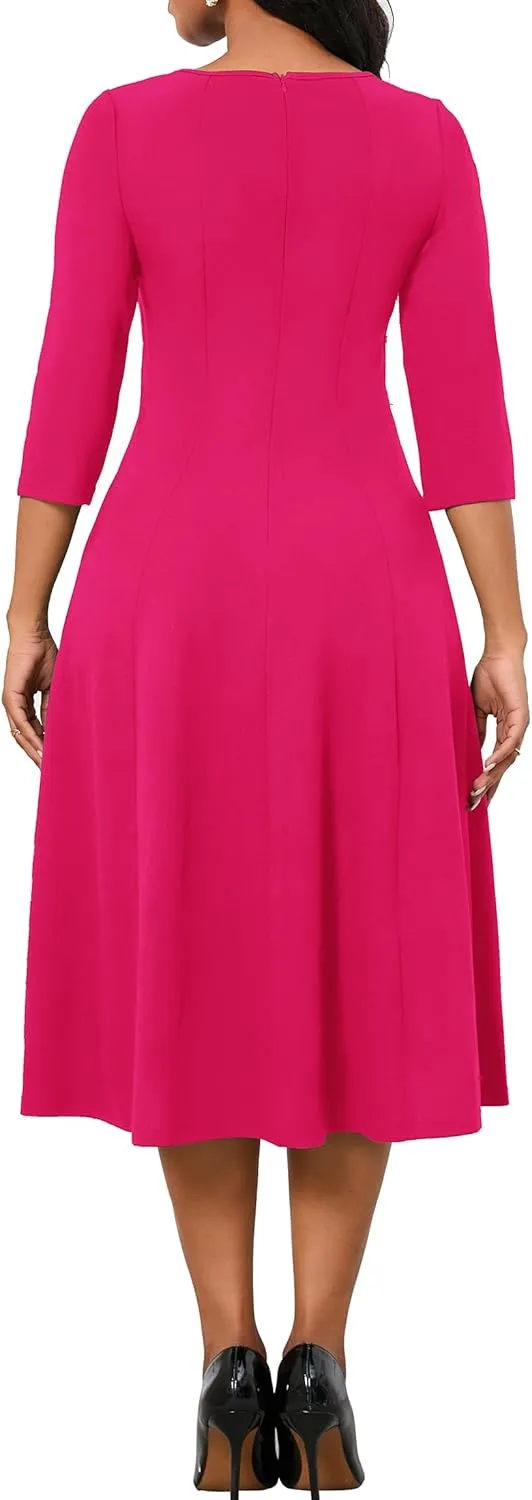 FANDEE Women's 3/4 Sleeve Midi Dress 2024 - Casual High Waist A-Line with Round Neck