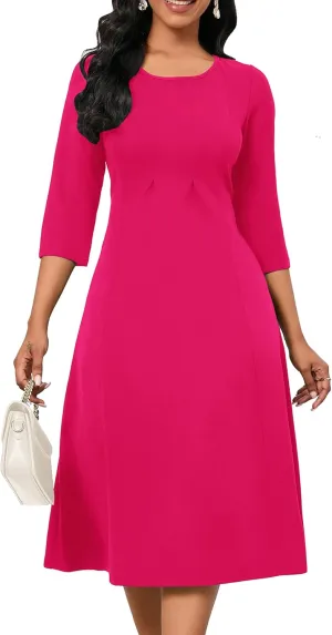 FANDEE Women's 3/4 Sleeve Midi Dress 2024 - Casual High Waist A-Line with Round Neck