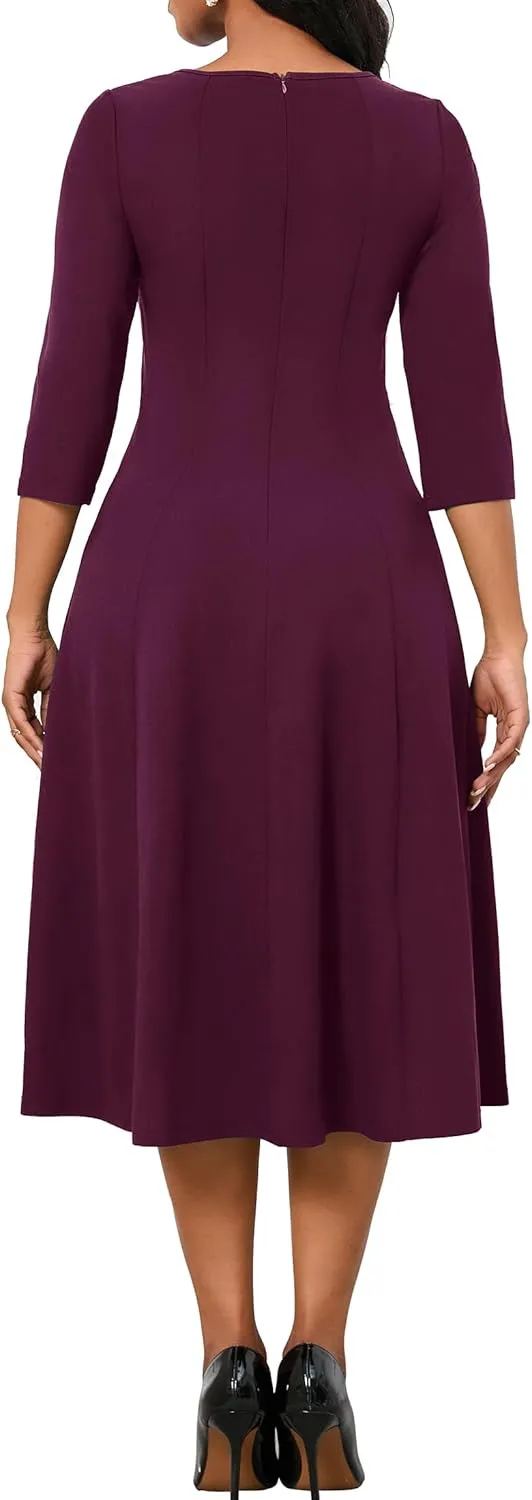 FANDEE Women's 3/4 Sleeve Midi Dress 2024 - Casual High Waist A-Line with Round Neck