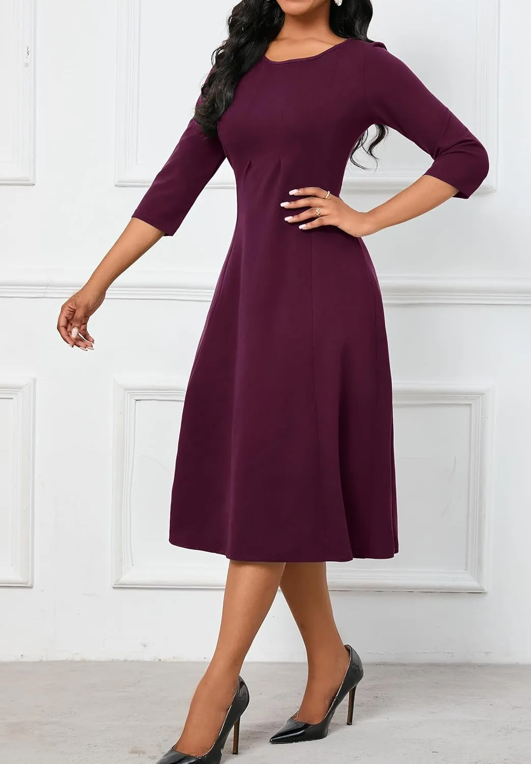 FANDEE Women's 3/4 Sleeve Midi Dress 2024 - Casual High Waist A-Line with Round Neck
