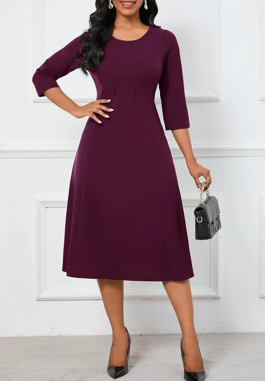FANDEE Women's 3/4 Sleeve Midi Dress 2024 - Casual High Waist A-Line with Round Neck