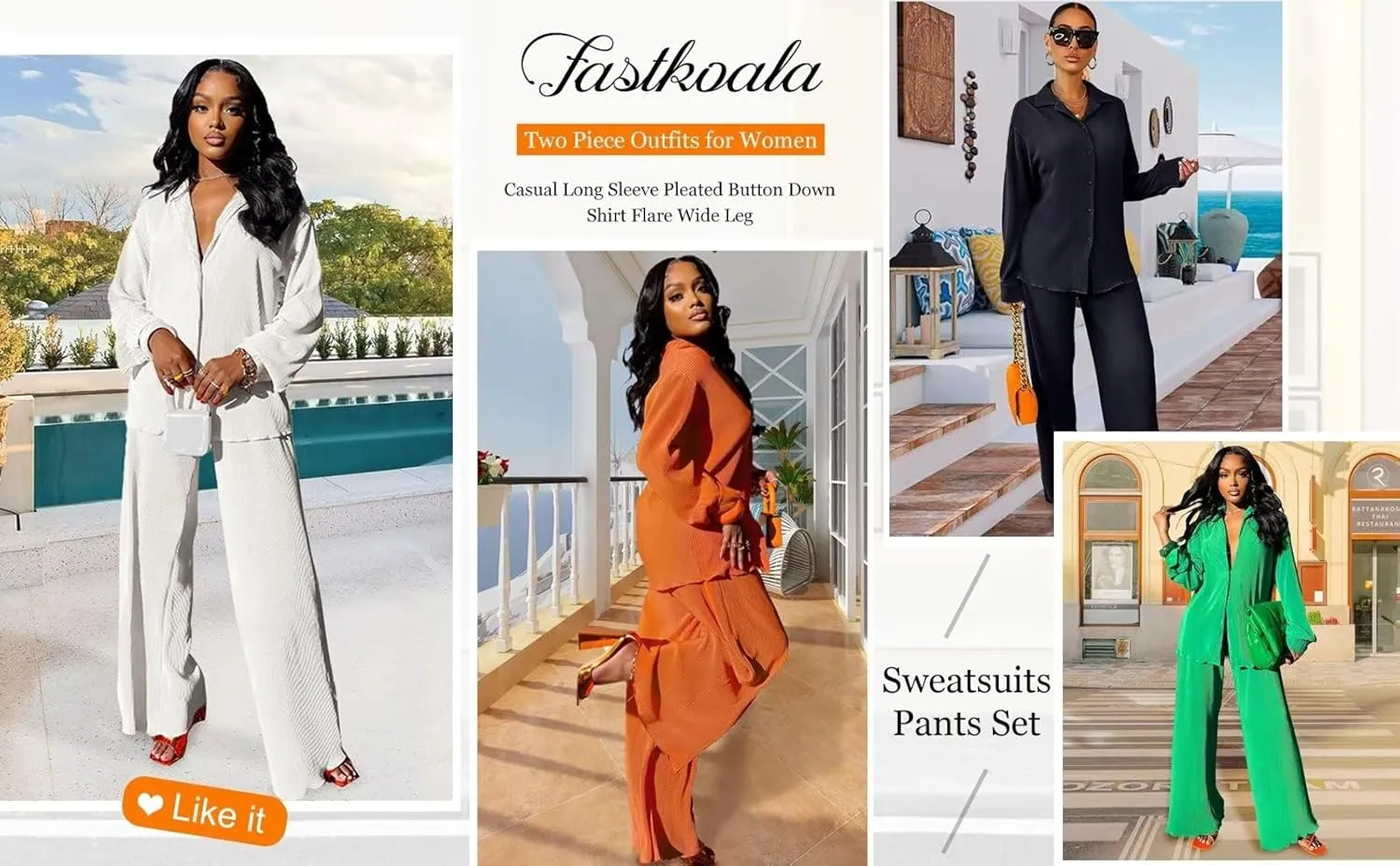 Fastkoala Sexy Two Piece Outfits for Women Casual Long Sleeve Pleated Button Down Shirt Flare Wide Leg Sweatsuits Set