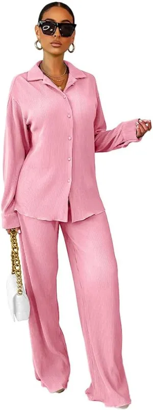 Fastkoala Sexy Two Piece Outfits for Women Casual Long Sleeve Pleated Button Down Shirt Flare Wide Leg Sweatsuits Set