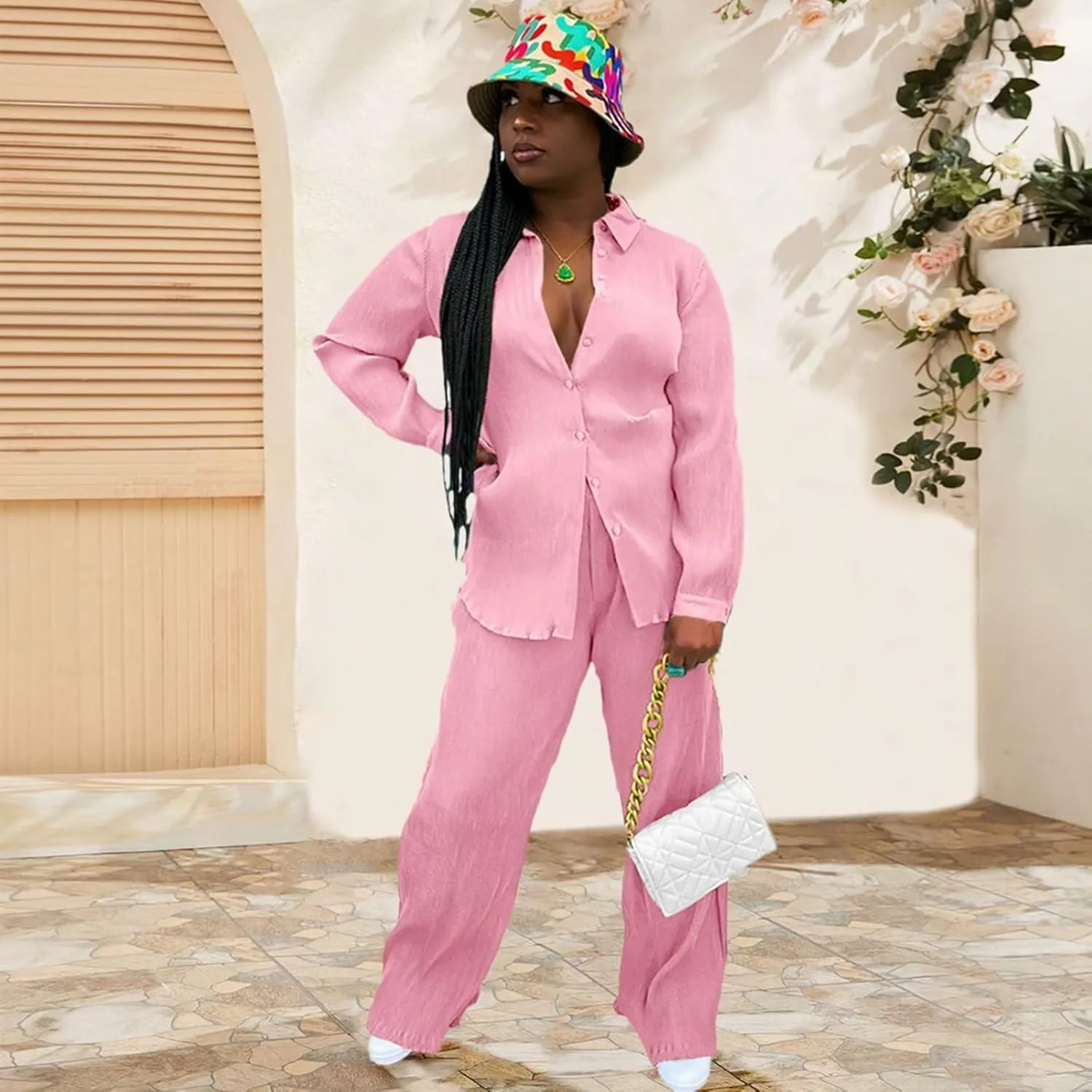 Fastkoala Sexy Two Piece Outfits for Women Casual Long Sleeve Pleated Button Down Shirt Flare Wide Leg Sweatsuits Set