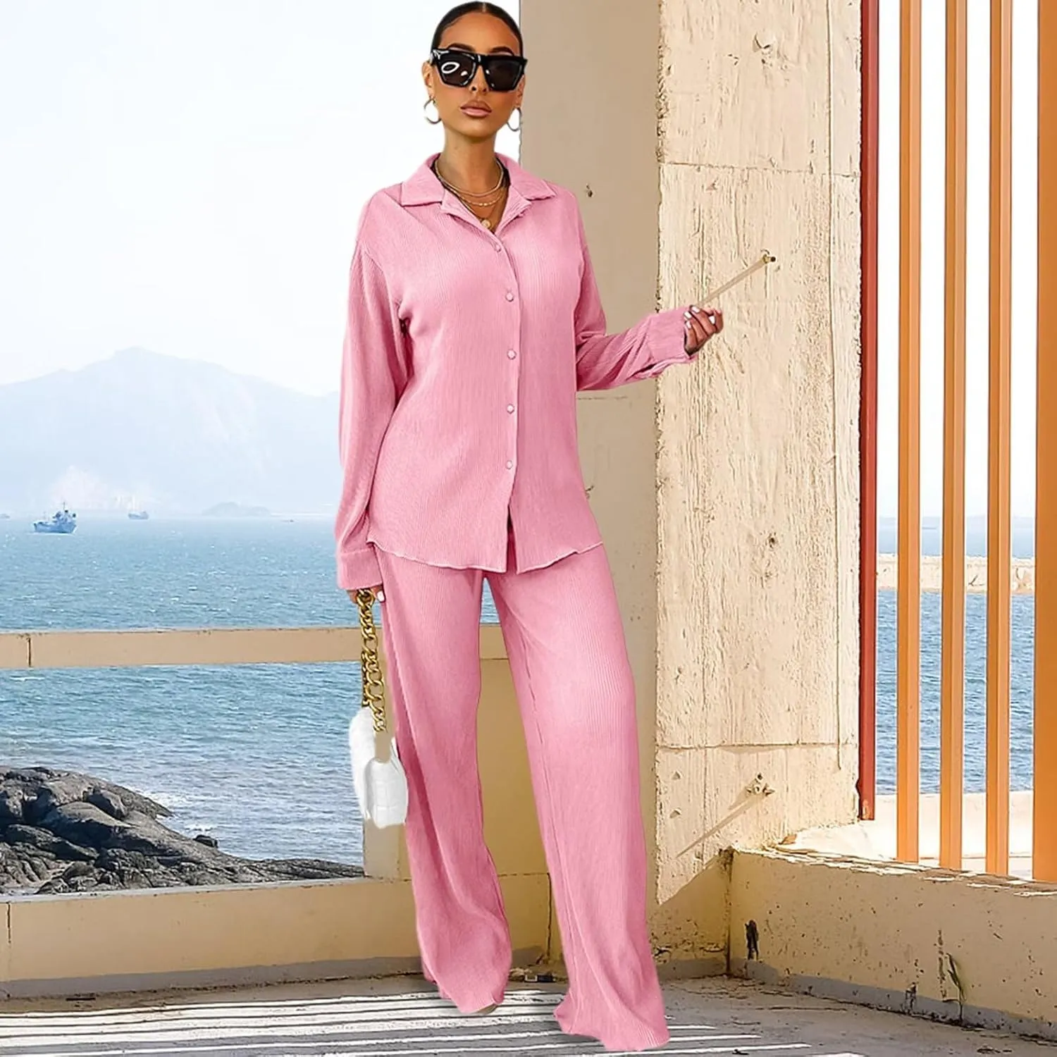 Fastkoala Sexy Two Piece Outfits for Women Casual Long Sleeve Pleated Button Down Shirt Flare Wide Leg Sweatsuits Set