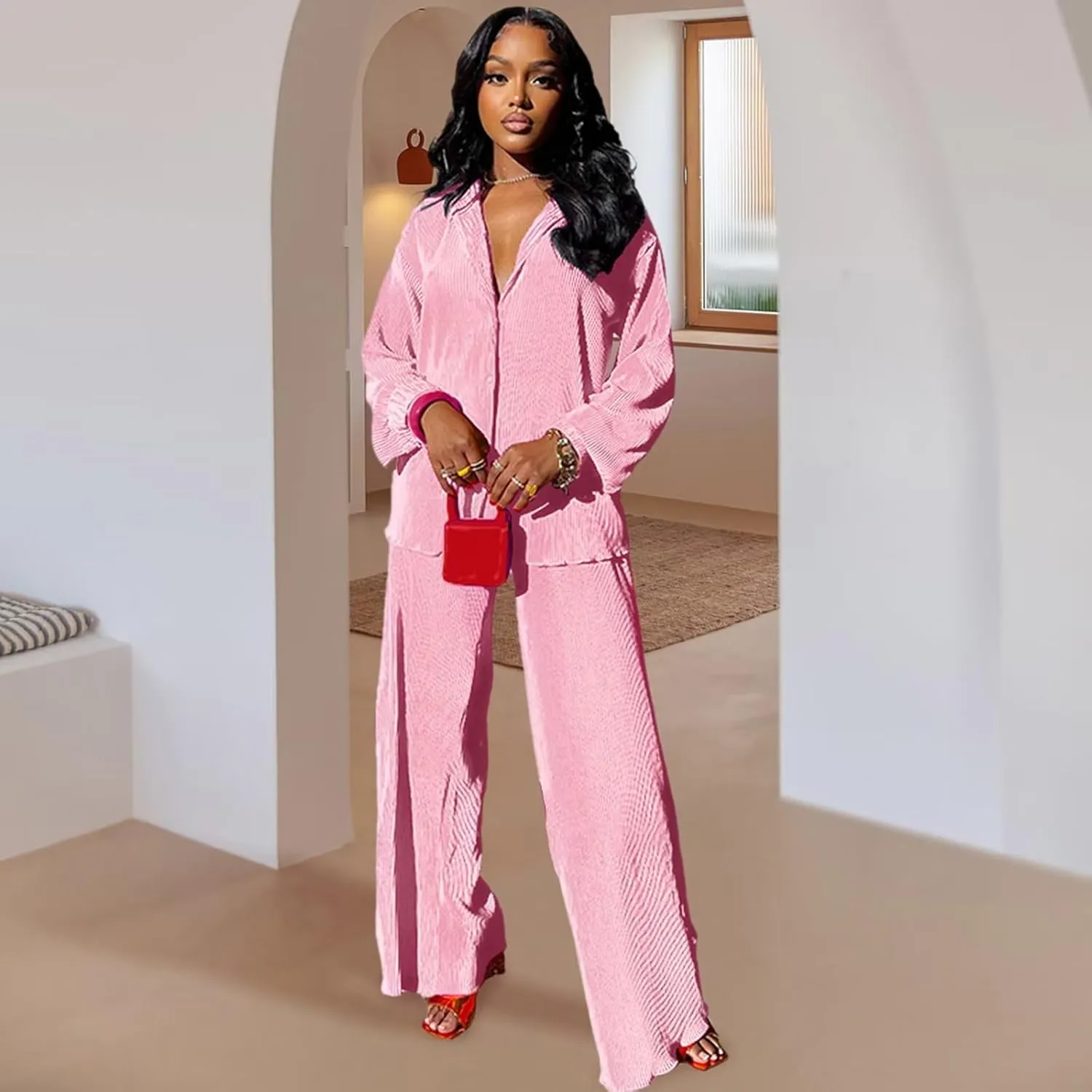 Fastkoala Sexy Two Piece Outfits for Women Casual Long Sleeve Pleated Button Down Shirt Flare Wide Leg Sweatsuits Set