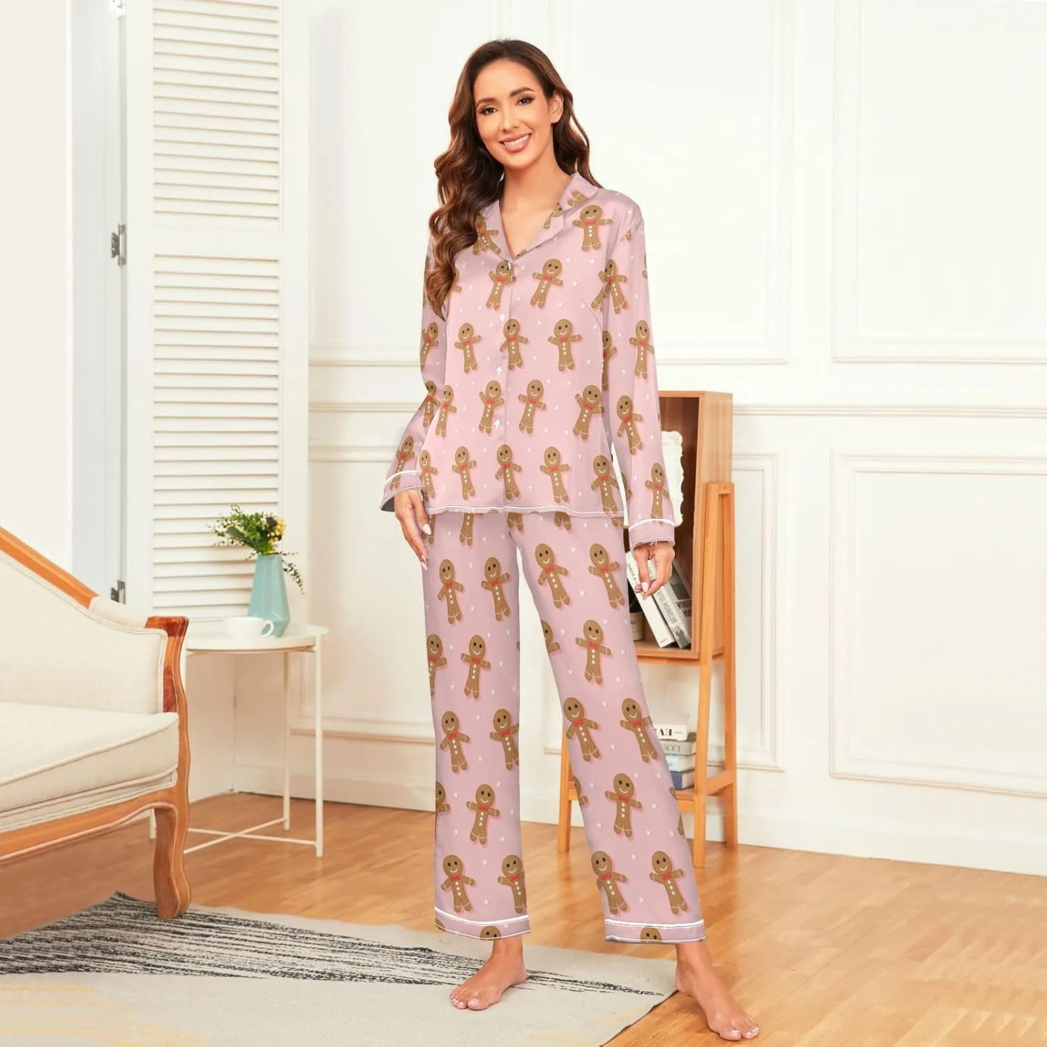 Fisyme Womens Satin Pajama Set Long Sleeve Button Down Sleepwear Nightwear Loungewear Pj Sets S-XXL