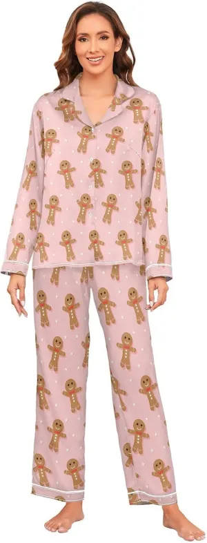 Fisyme Womens Satin Pajama Set Long Sleeve Button Down Sleepwear Nightwear Loungewear Pj Sets S-XXL