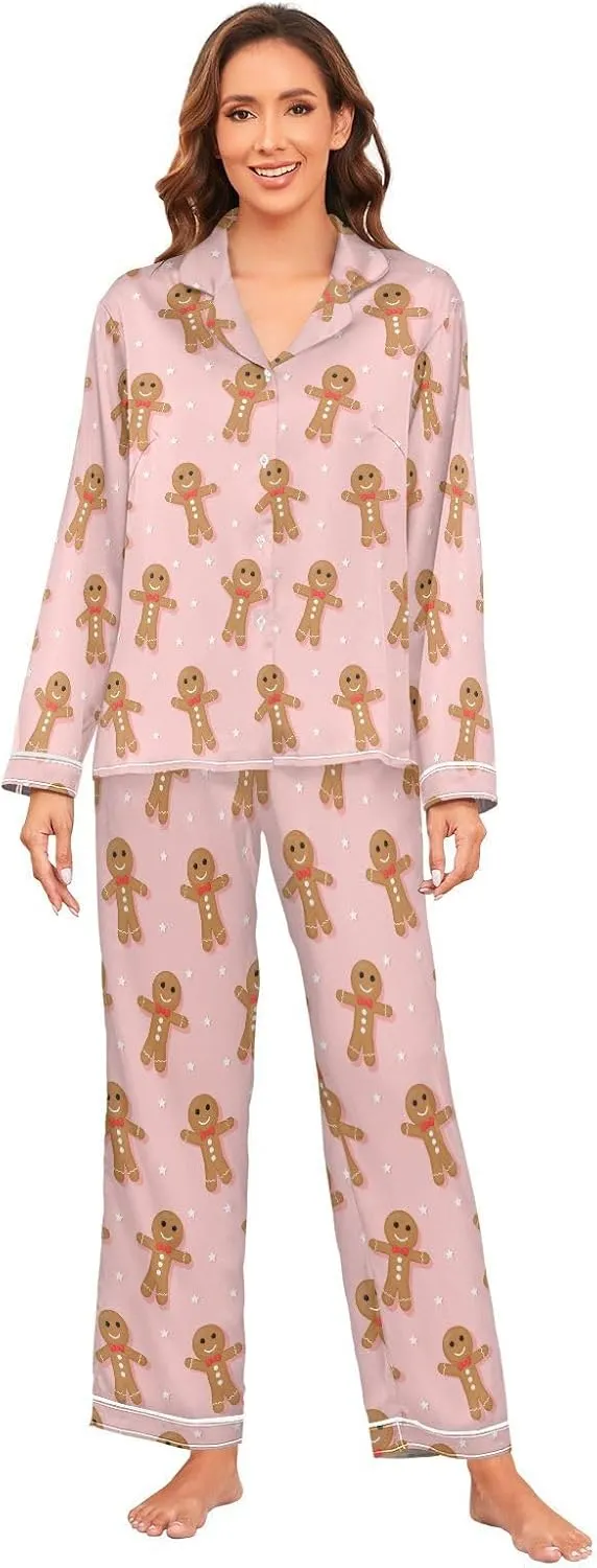 Fisyme Womens Satin Pajama Set Long Sleeve Button Down Sleepwear Nightwear Loungewear Pj Sets S-XXL