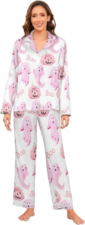 Fisyme Womens Satin Pajama Set Long Sleeve Button Down Sleepwear Nightwear Loungewear Pj Sets S-XXL