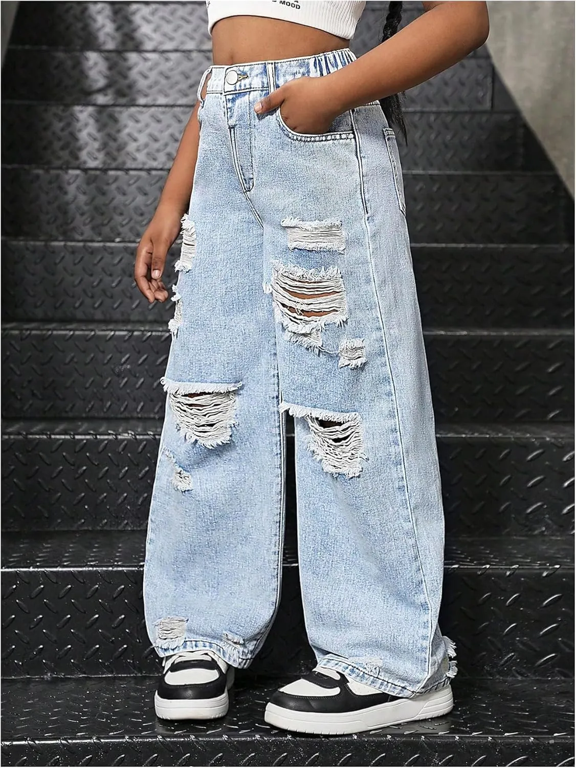 Floerns Girl's Distressed Jeans Baggy Wide Straight Leg Y2k Ripped Denim Pants