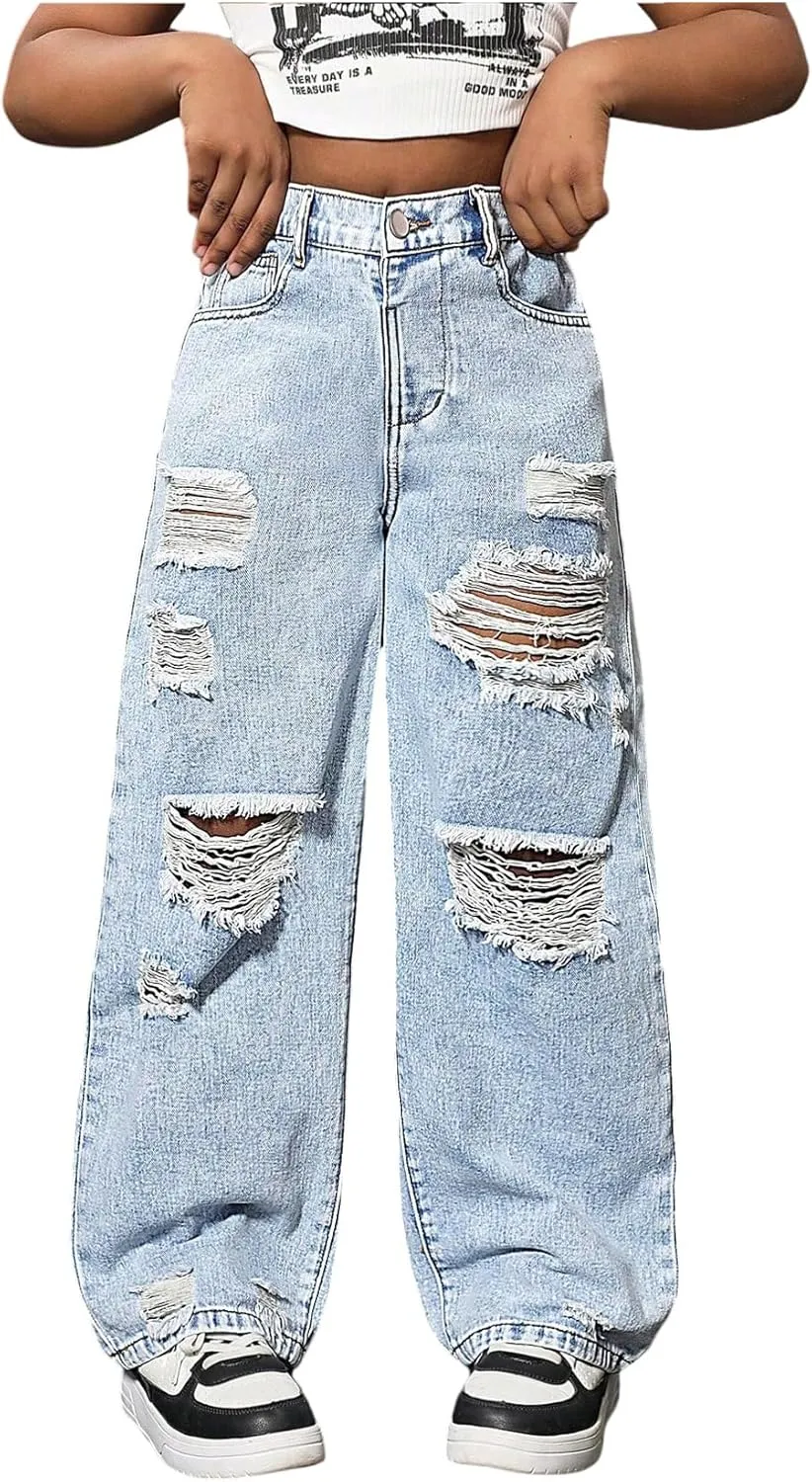 Floerns Girl's Distressed Jeans Baggy Wide Straight Leg Y2k Ripped Denim Pants