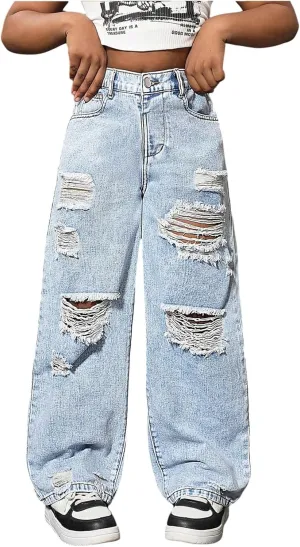 Floerns Girl's Distressed Jeans Baggy Wide Straight Leg Y2k Ripped Denim Pants