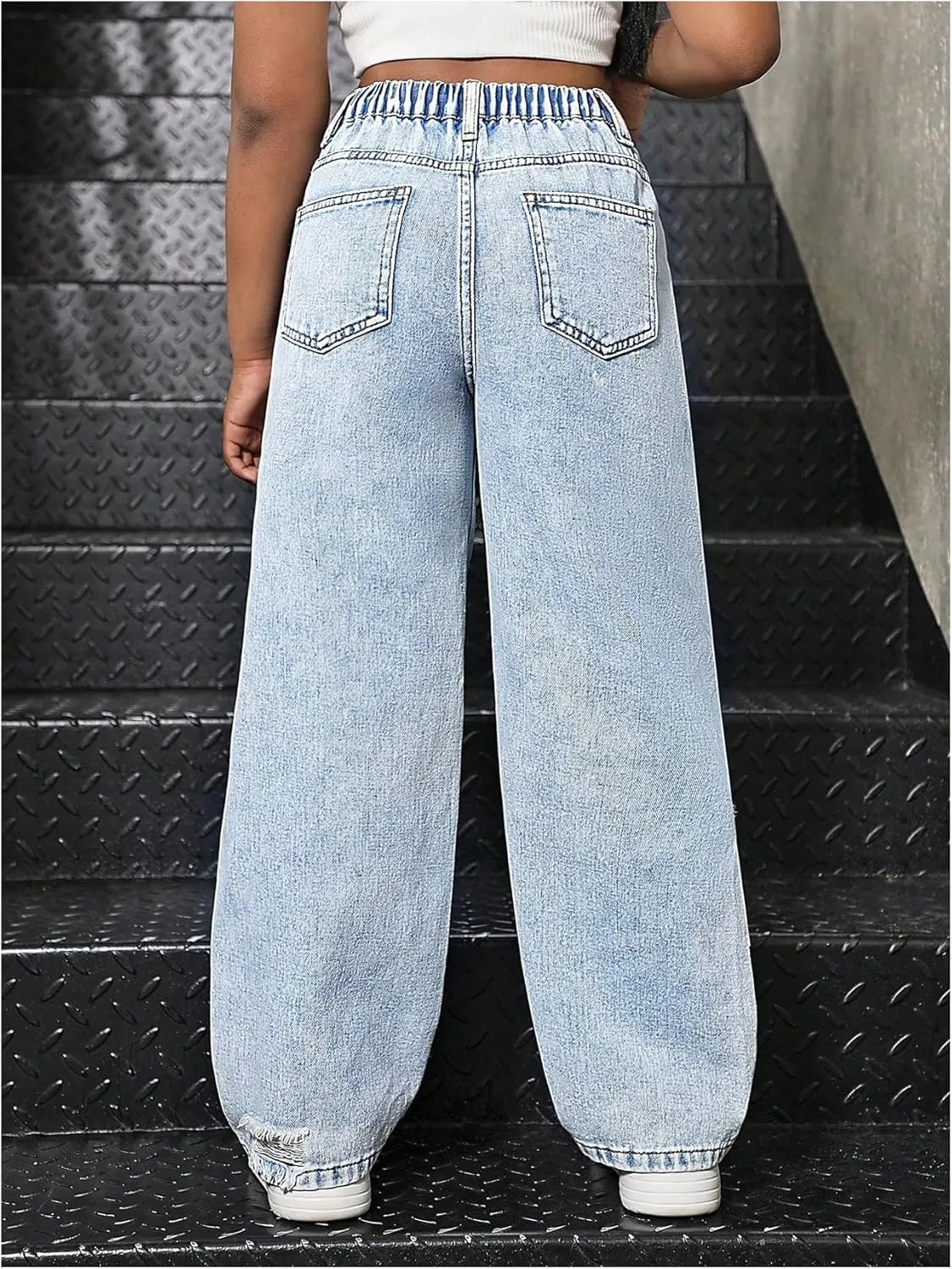 Floerns Girl's Distressed Jeans Baggy Wide Straight Leg Y2k Ripped Denim Pants
