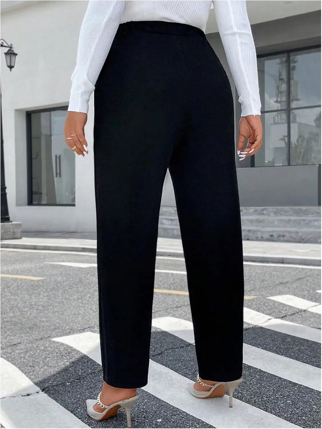 Floerns Women's Plus Size High Waisted Button Pants Straight Leg Office Dressy Trousers