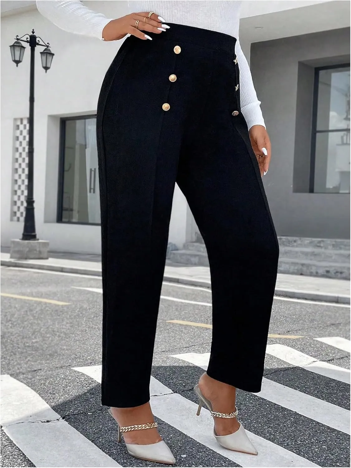 Floerns Women's Plus Size High Waisted Button Pants Straight Leg Office Dressy Trousers