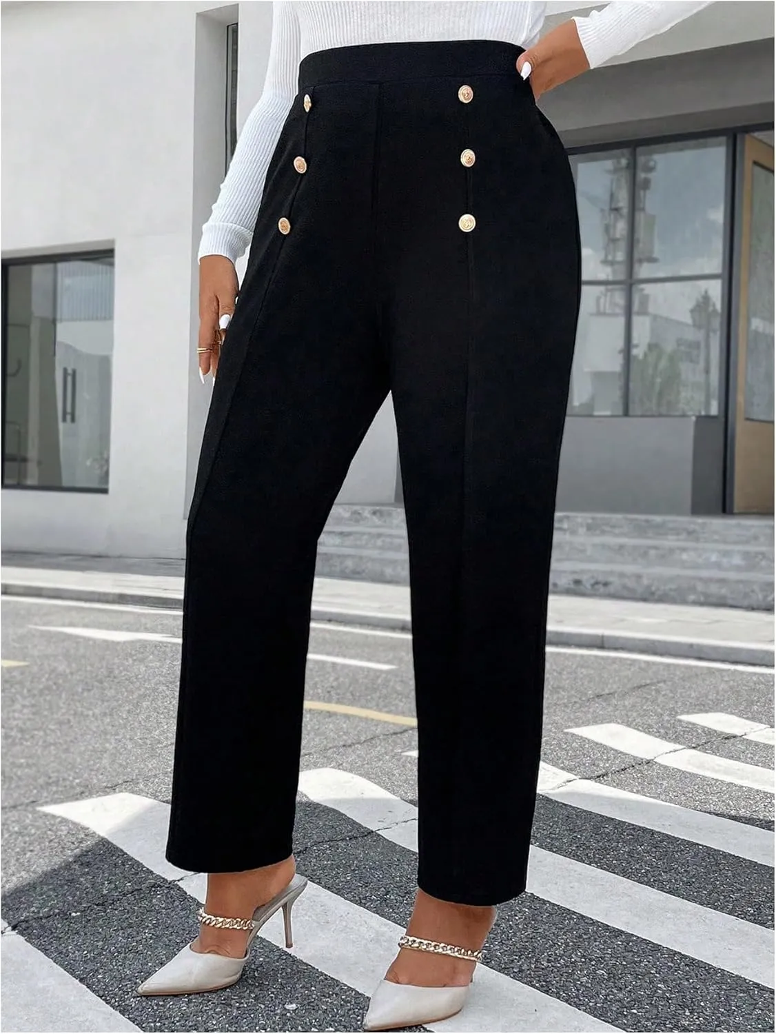 Floerns Women's Plus Size High Waisted Button Pants Straight Leg Office Dressy Trousers