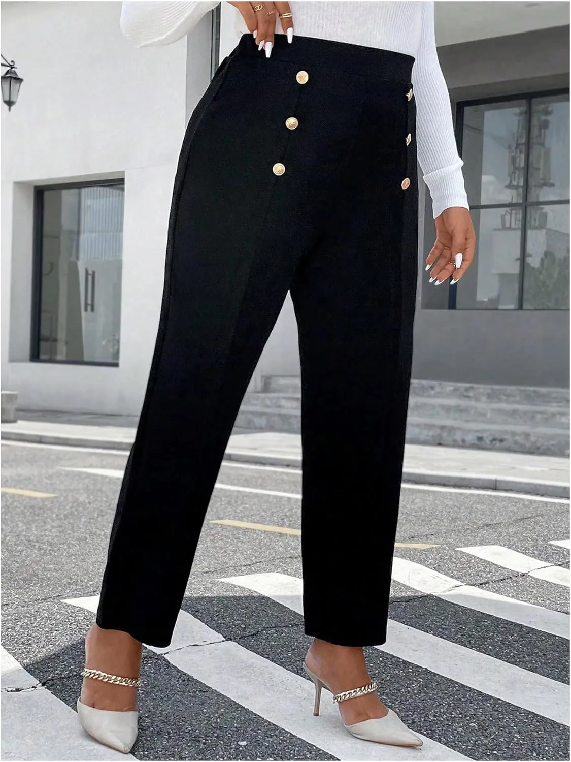 Floerns Women's Plus Size High Waisted Button Pants Straight Leg Office Dressy Trousers