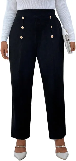 Floerns Women's Plus Size High Waisted Button Pants Straight Leg Office Dressy Trousers
