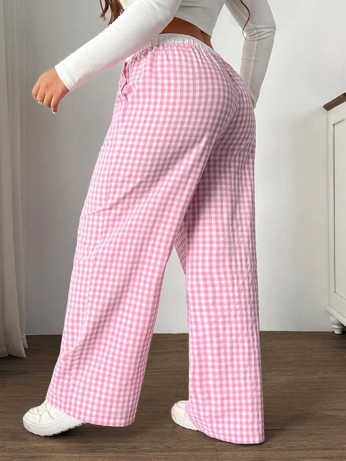 Floerns Women's Plus Size Plaid Drawstring High Waist Wide Leg Pants Y2K Long Pants Loungewear