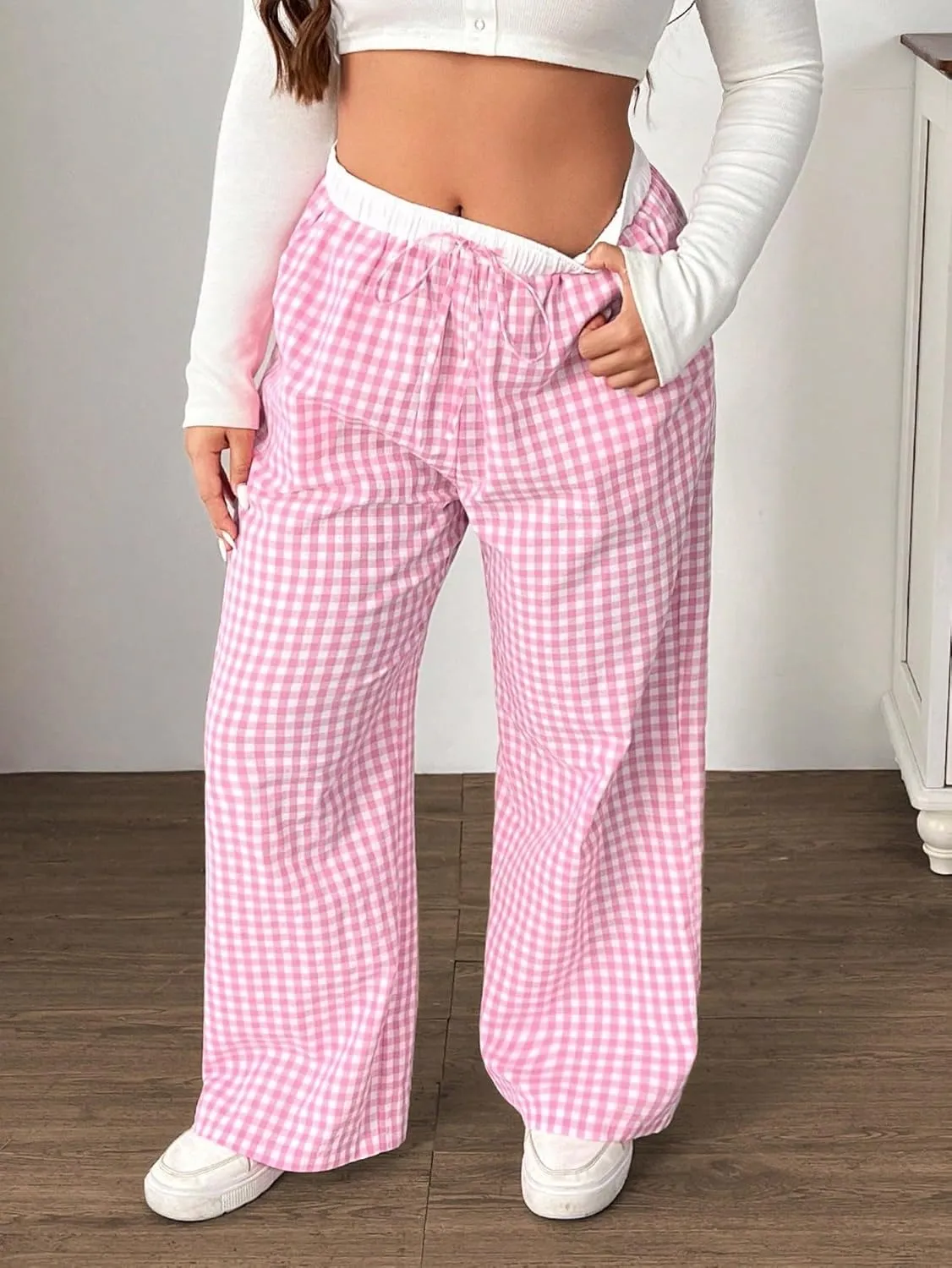 Floerns Women's Plus Size Plaid Drawstring High Waist Wide Leg Pants Y2K Long Pants Loungewear