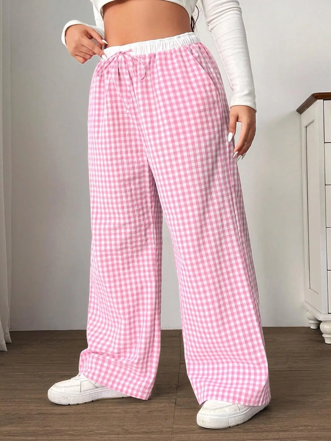 Floerns Women's Plus Size Plaid Drawstring High Waist Wide Leg Pants Y2K Long Pants Loungewear