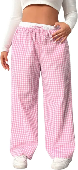 Floerns Women's Plus Size Plaid Drawstring High Waist Wide Leg Pants Y2K Long Pants Loungewear
