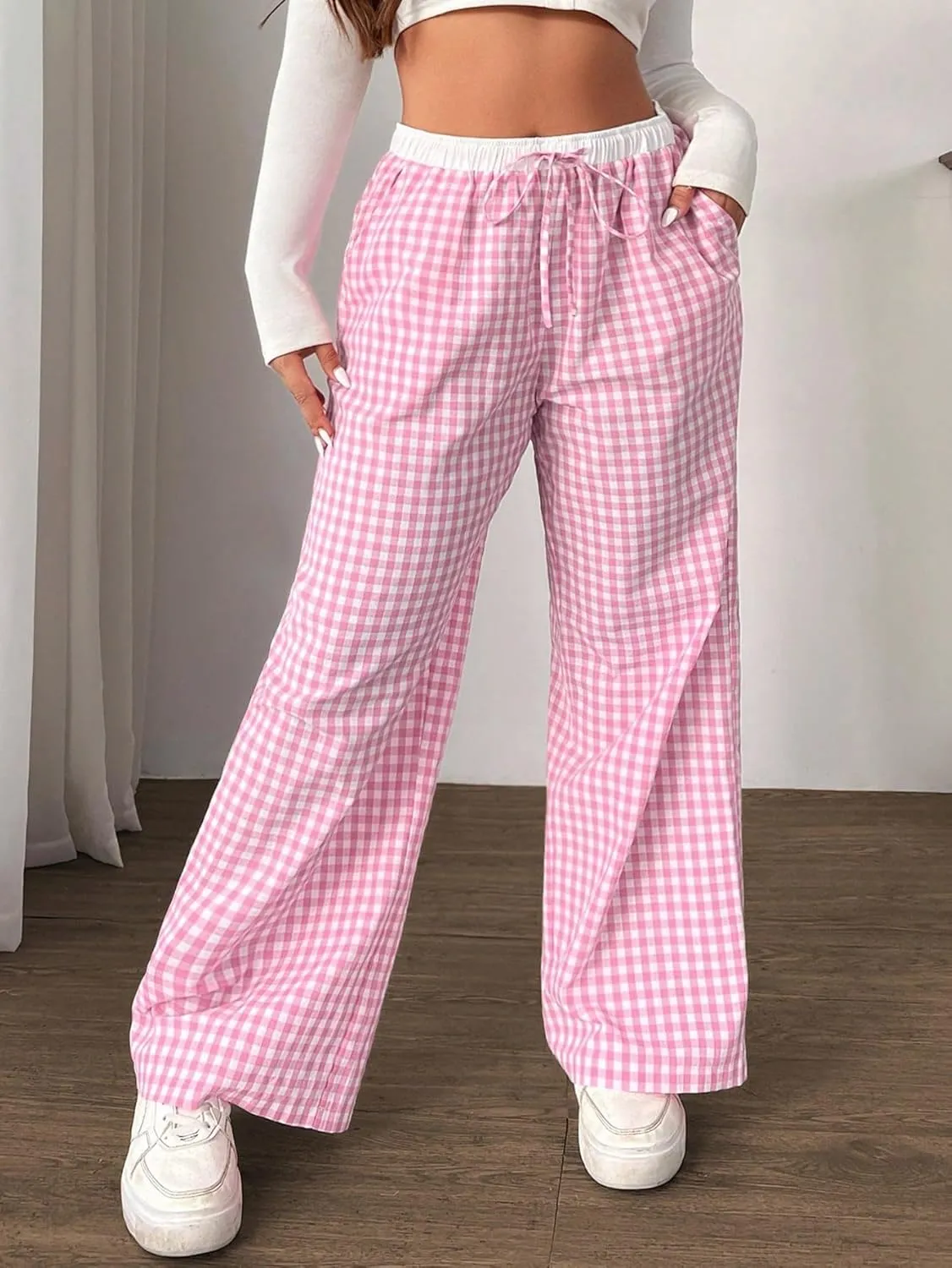 Floerns Women's Plus Size Plaid Drawstring High Waist Wide Leg Pants Y2K Long Pants Loungewear