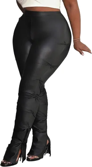 Floerns Women's Plus Size Pu Leather High Waist Split Hem Stacked Pants Trousers