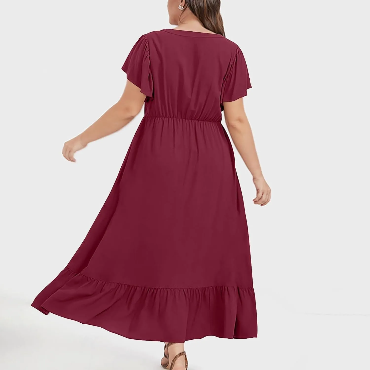 Flowy Dresses for Women V Neck Cinch Waist Ruffle Short Sleeve Dress Trendy Summer Layered Tiered A Line Sundress