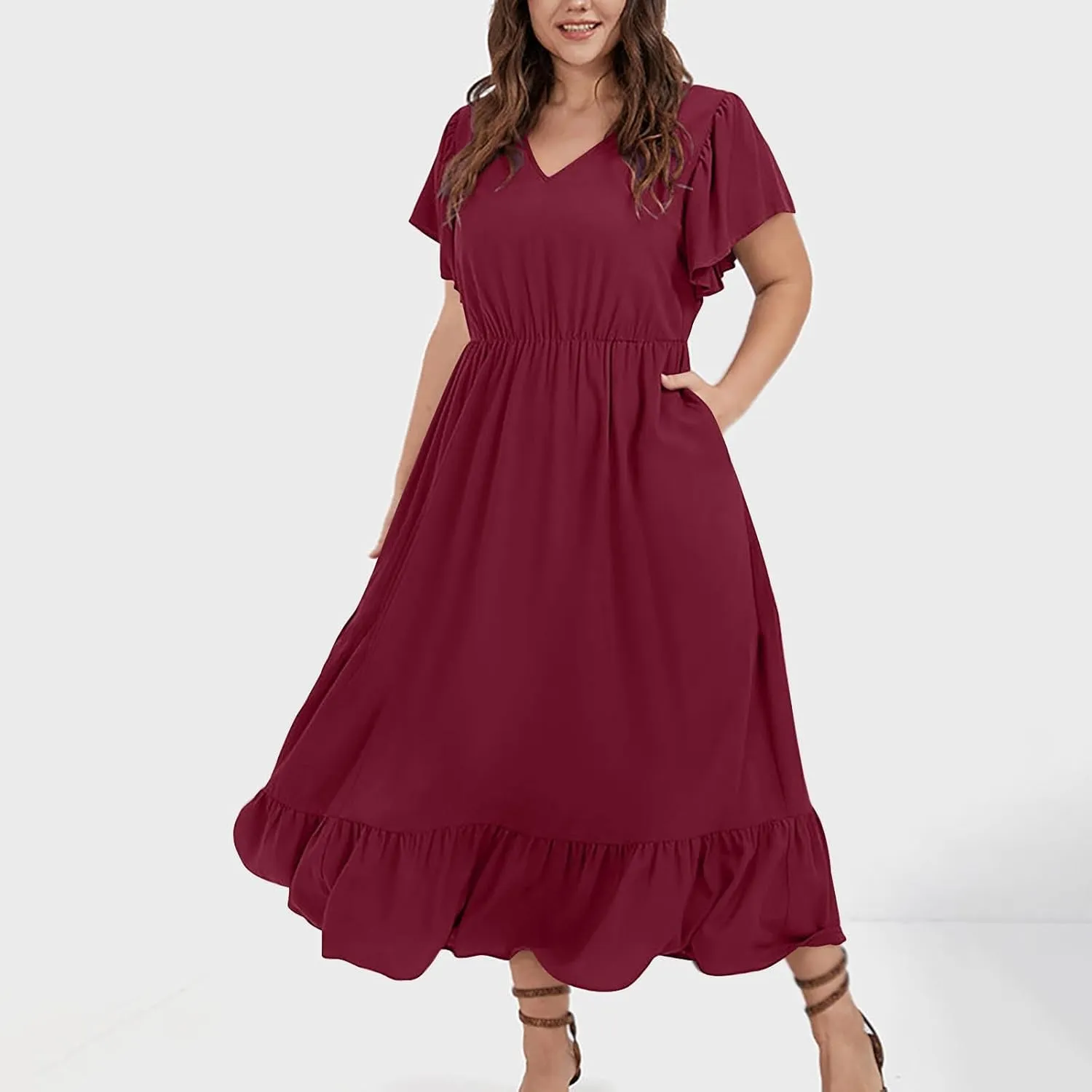 Flowy Dresses for Women V Neck Cinch Waist Ruffle Short Sleeve Dress Trendy Summer Layered Tiered A Line Sundress