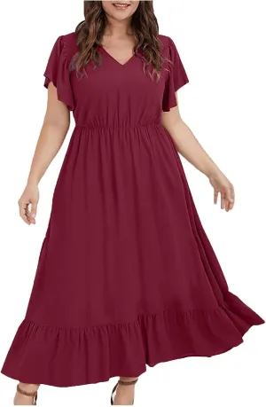Flowy Dresses for Women V Neck Cinch Waist Ruffle Short Sleeve Dress Trendy Summer Layered Tiered A Line Sundress