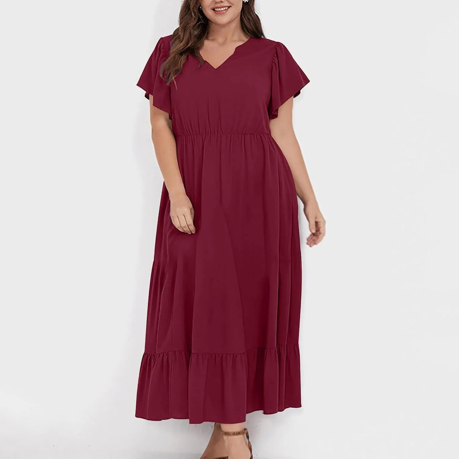 Flowy Dresses for Women V Neck Cinch Waist Ruffle Short Sleeve Dress Trendy Summer Layered Tiered A Line Sundress