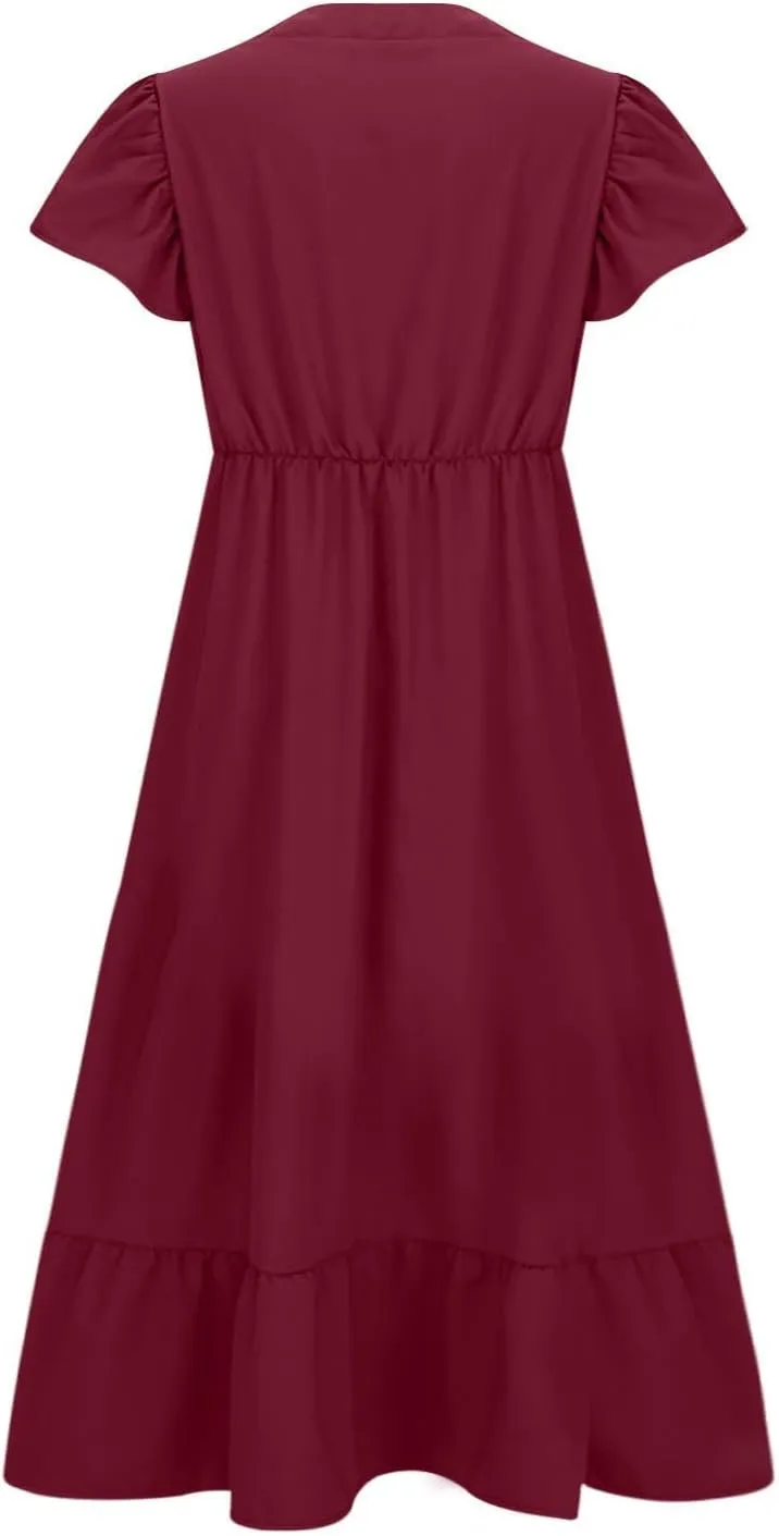 Flowy Dresses for Women V Neck Cinch Waist Ruffle Short Sleeve Dress Trendy Summer Layered Tiered A Line Sundress