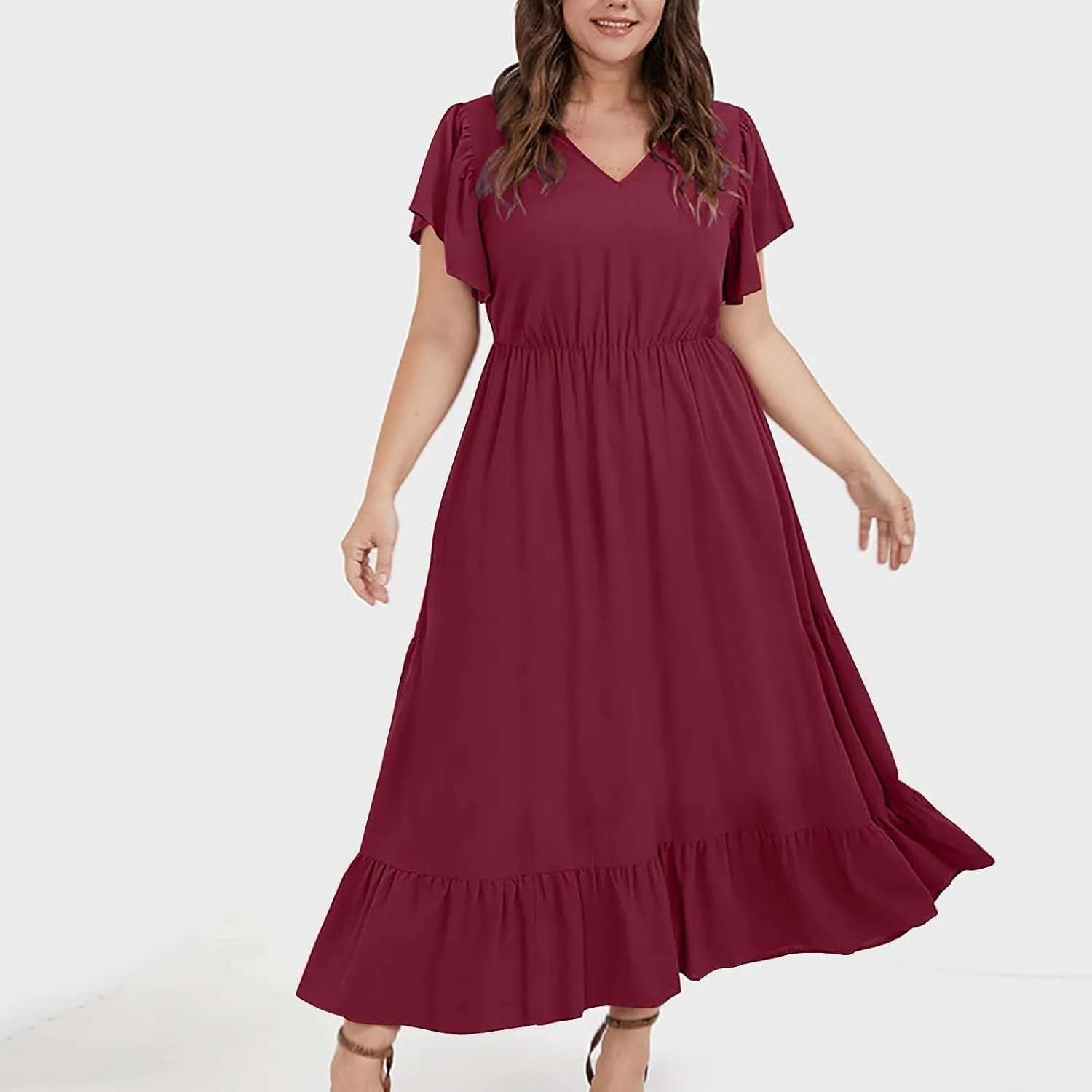Flowy Dresses for Women V Neck Cinch Waist Ruffle Short Sleeve Dress Trendy Summer Layered Tiered A Line Sundress