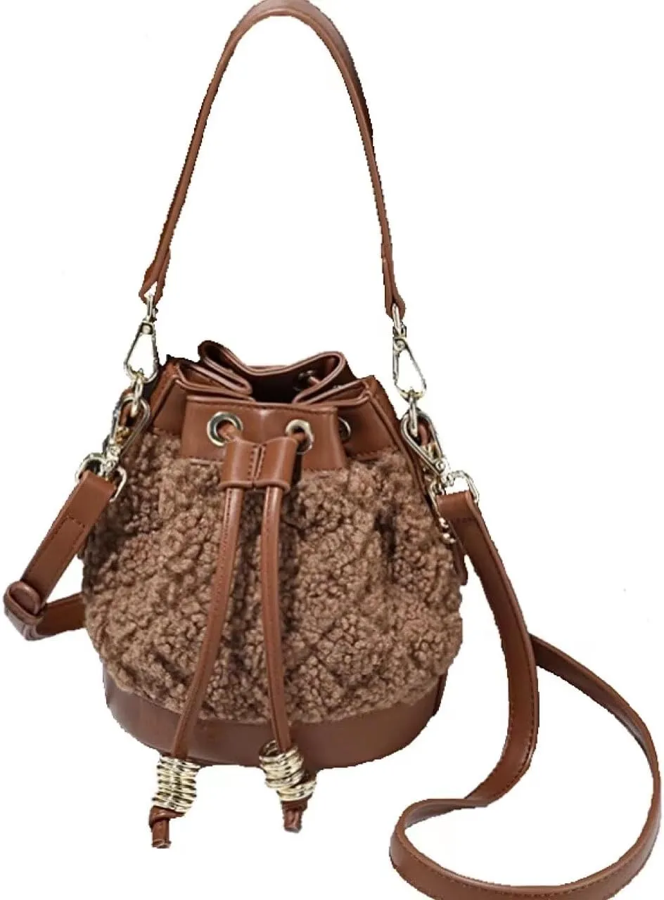 Fluffy Crossbody Bucket Bag for Women Fleece Purse Handbags for Girls Faux Leather Shoulder Bag with DrawString