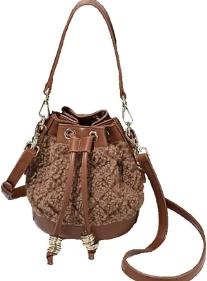Fluffy Crossbody Bucket Bag for Women Fleece Purse Handbags for Girls Faux Leather Shoulder Bag with DrawString