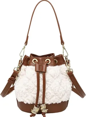 Fluffy Crossbody Bucket Bag for Women Fleece Purse Handbags for Girls Faux Leather Shoulder Bag with DrawString