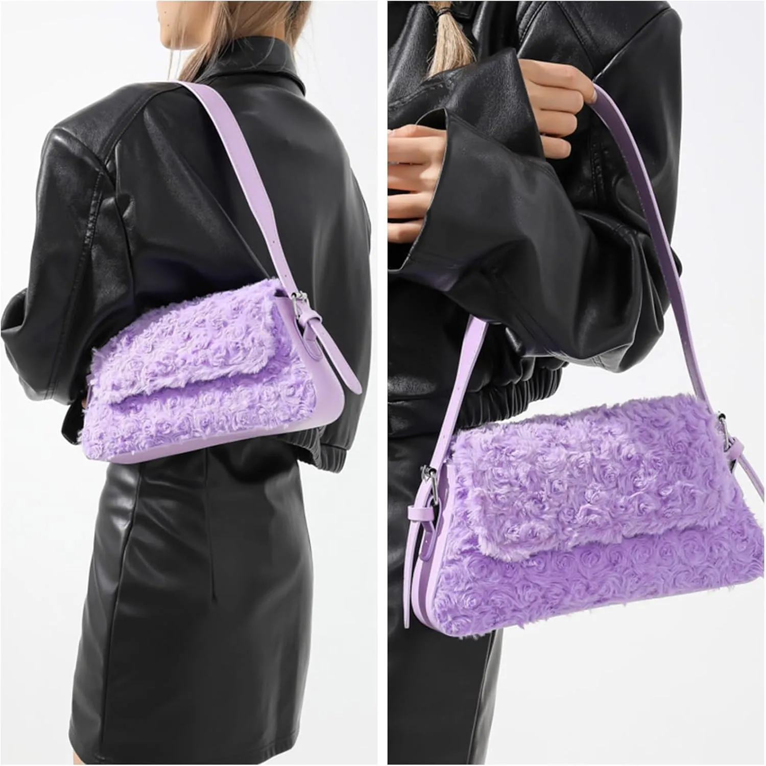 Fluffy Shoulder Bag, Fuzzy Tote Bag Faux Fur Flower Purse Shoulder Handbags for Women
