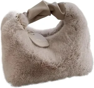 Fluffy Tote Bag Plush Handbags Ruched Handle Small Lady Shoulder Crossbody Bag Casual Tote For Women Winter Fuzzy Purses