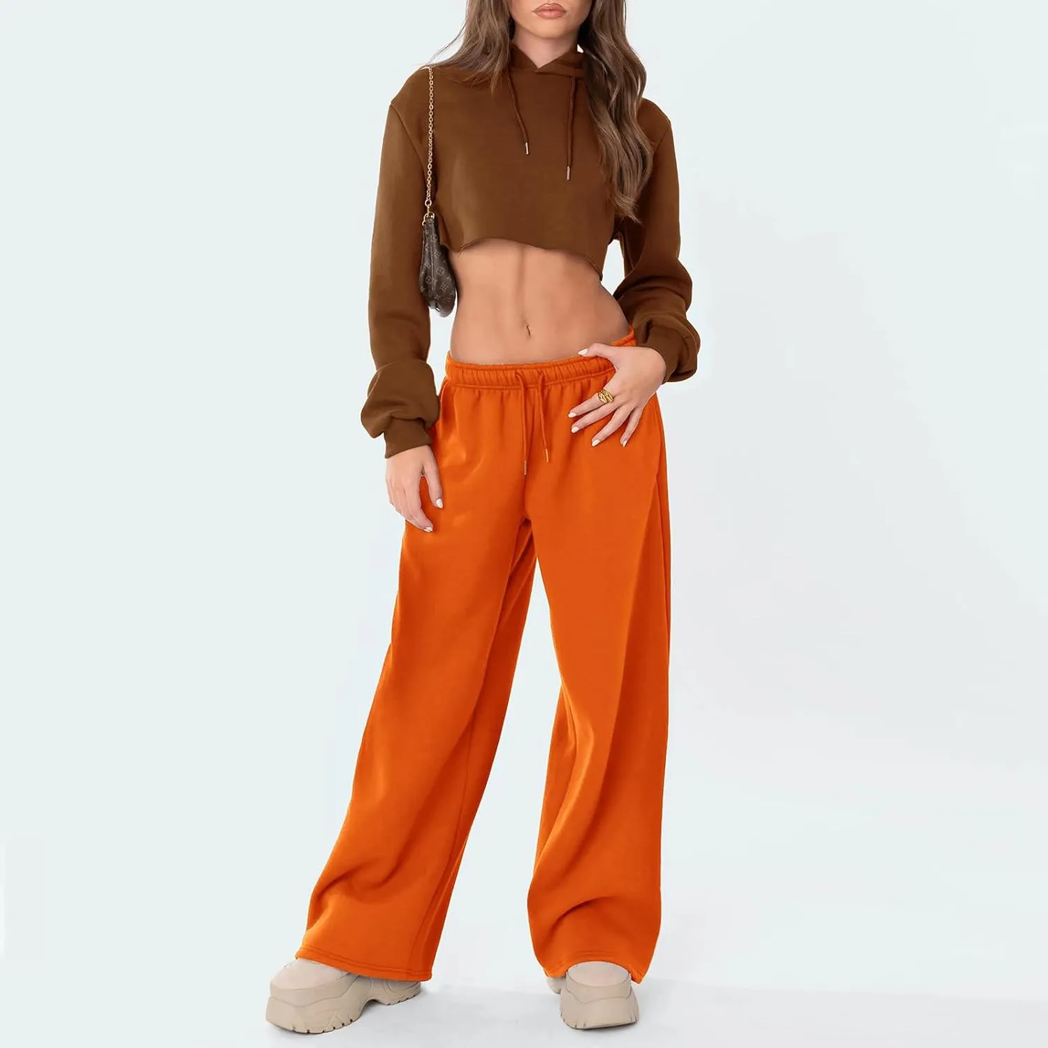 FOMOYUU Women's Casual Baggy Joggers Sweatpants Solid Color Drawstring High Waist Wide Leg Trousers